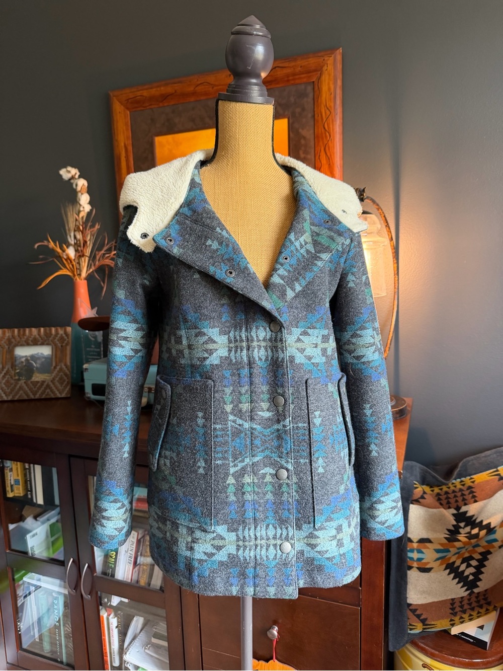 Pendleton Blue Southwest Pea Coat with Cream Sherpa Hood